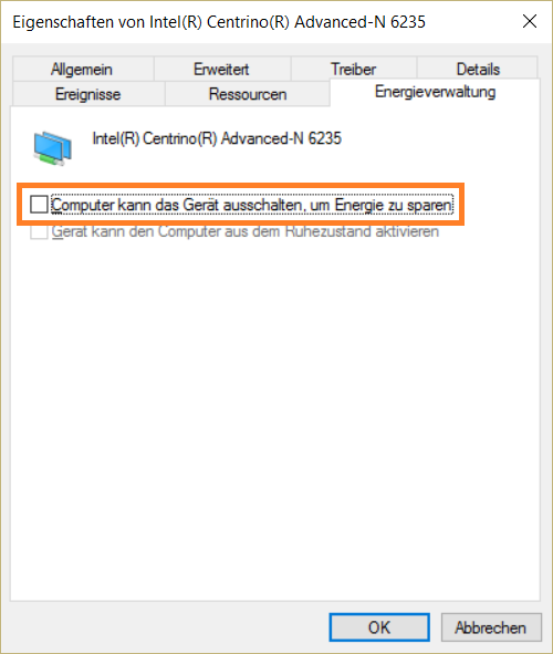 Deaktivieren Sie die Option Computer kann das Gerät ausschalten, um Energie zu sparen.
Klicken Sie auf OK.