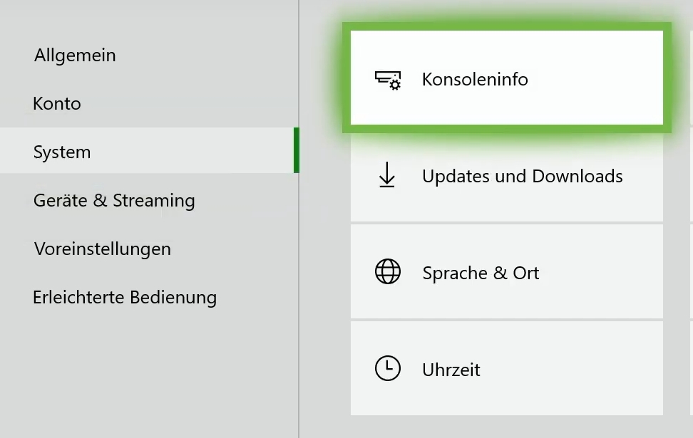 Gehen Sie zu den Einstellungen Ihrer Xbox One.
Wählen Sie System und dann Konsole zurücksetzen.