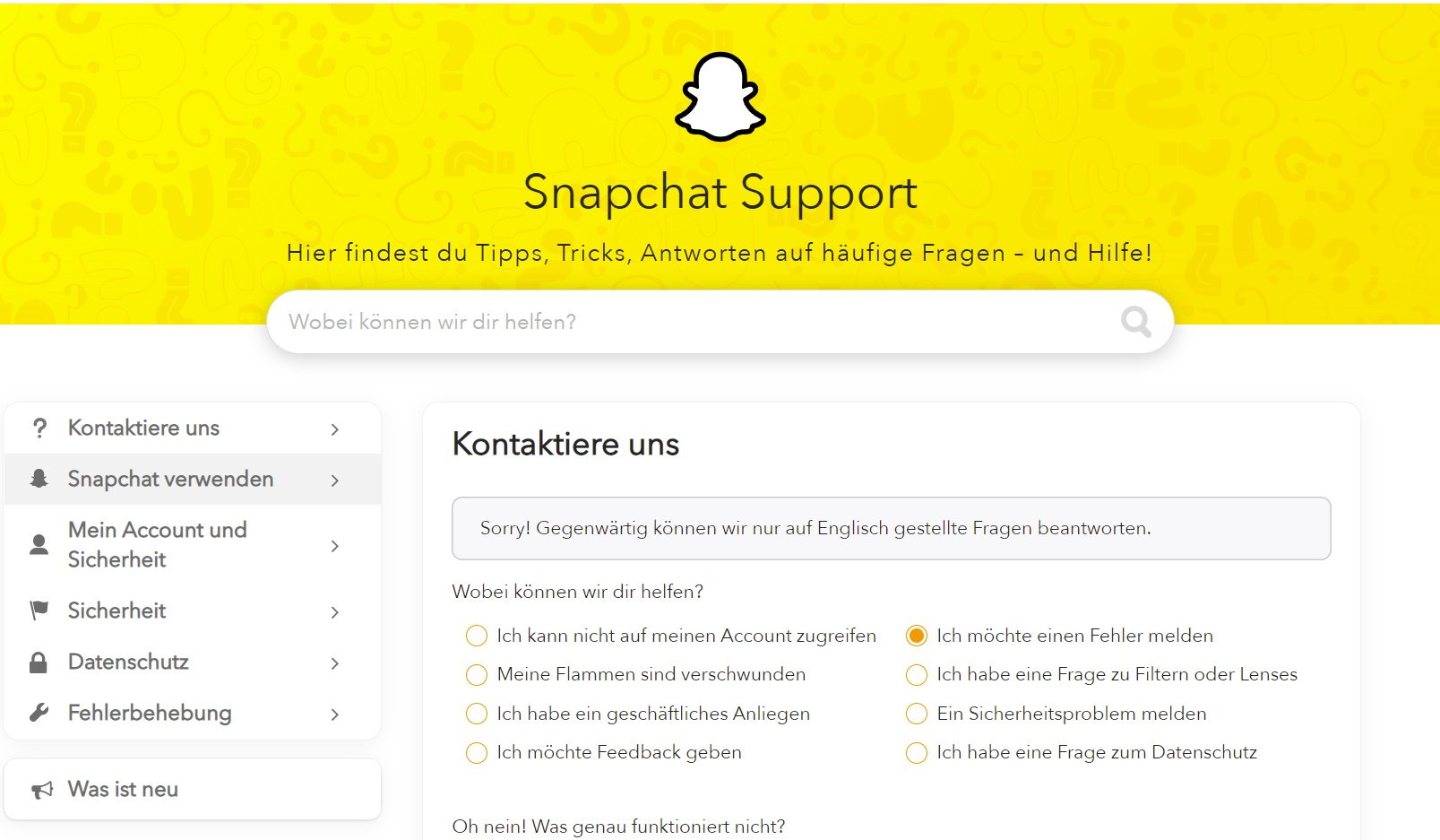 Gehen Sie zur Snapchat-Support-Website.
Klicken Sie auf den Link zum Kontaktieren des Supports.