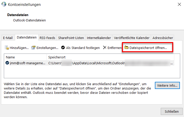 Kopieren Sie die Datei an einen anderen Speicherort als Backup.
Starten Sie Microsoft Outlook erneut.