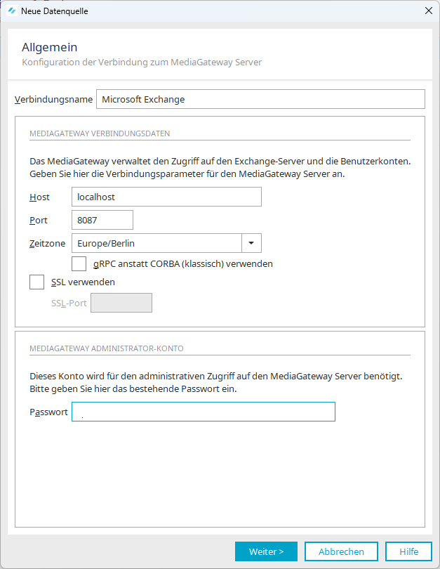 Markieren Sie das Kontrollkästchen Microsoft Exchange-Server und klicken Sie auf Hinzufügen.
Geben Sie den Namen des Exchange-Servers ein und klicken Sie auf OK.