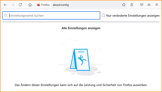 Öffnen Sie den Firefox-Browser.
Geben Sie about:config in die Adressleiste ein und drücken Sie die Eingabetaste.