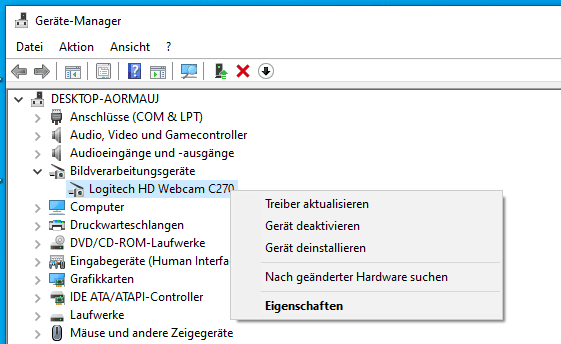 Öffnen Sie den Geräte-Manager wie im vorherigen Schritt beschrieben.
Klicken Sie mit der rechten Maustaste auf den Kameratreiber und wählen Sie Deinstallieren.