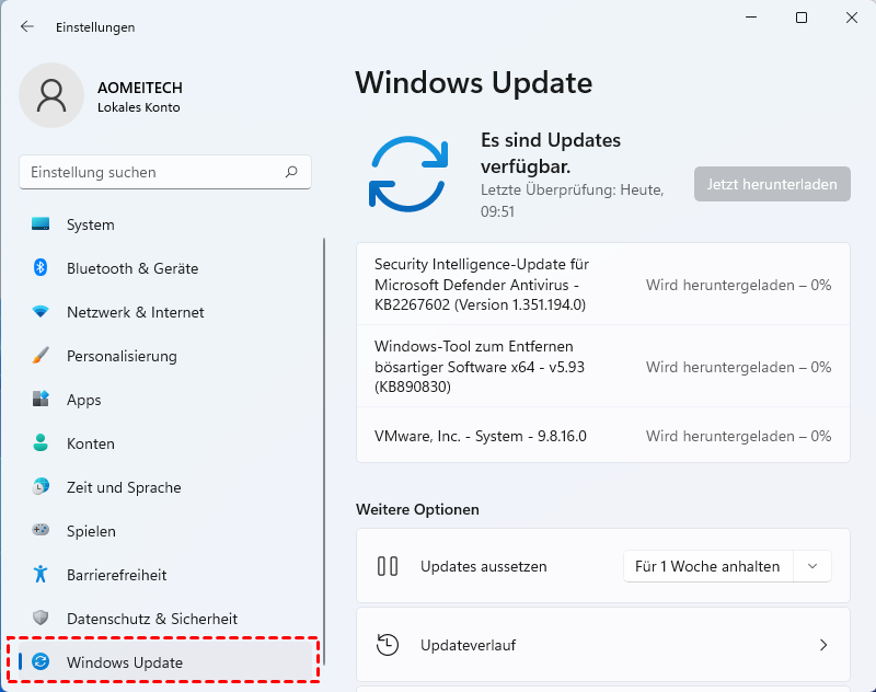 Öffnen Sie die Einstellungen durch Drücken von Win+I.
Gehen Sie zu Update und Sicherheit und wählen Sie Nach Updates suchen.