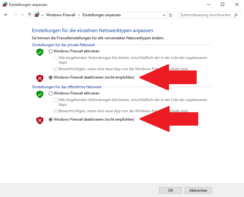 Öffnen Sie die Einstellungen Ihrer Firewall und deaktivieren Sie sie vorübergehend.
Deaktivieren Sie auch vorübergehend Ihr Antivirenprogramm.