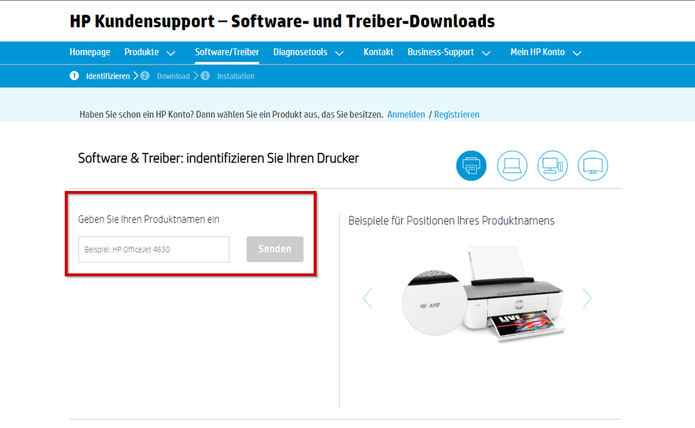 Öffnen Sie die offizielle HP-Website.
Geben Sie das Modell Ihres Druckers ein und suchen Sie nach den neuesten Treibern.