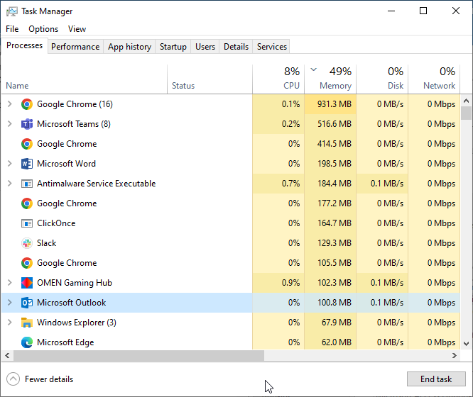 Starten Sie Outlook im abgesicherten Modus
Öffnen Sie den Task-Manager, indem Sie Strg+Shift+Esc drücken