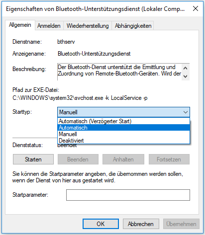 Suchen Sie den Bluetooth Support Service in der Liste der Dienste.
Klicken Sie mit der rechten Maustaste darauf und wählen Sie Neu starten.