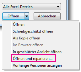 Suchen Sie die Datei und klicken Sie darauf, um sie zu markieren.
Klicken Sie auf den Pfeil neben Öffnen und wählen Sie Öffnen und reparieren aus dem Dropdown-Menü.