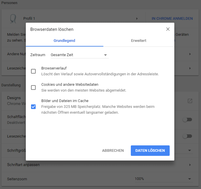 Überprüfen Sie den Cache des Browsers:
Löschen Sie den Browser-Cache, indem Sie die Browsing-Daten löschen.