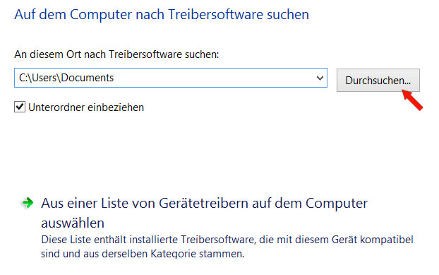 Wählen Sie die Option Auf dem Computer nach Treibersoftware suchen.
Klicken Sie auf Aus einer Liste von Gerätetreibern auf dem Computer auswählen.