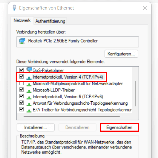 Wählen Sie Internetprotokoll Version 4 (TCP/IPv4) aus und klicken Sie auf Eigenschaften.
Stellen Sie sicher, dass Folgende DNS-Serveradressen verwenden ausgewählt ist.