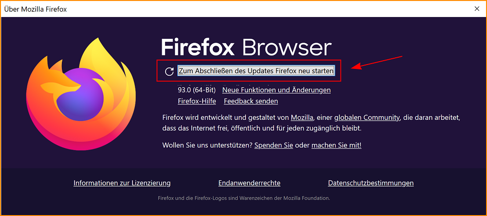 Wählen Sie Über Firefox aus.
Der Browser wird nach Updates suchen und diese automatisch installieren.