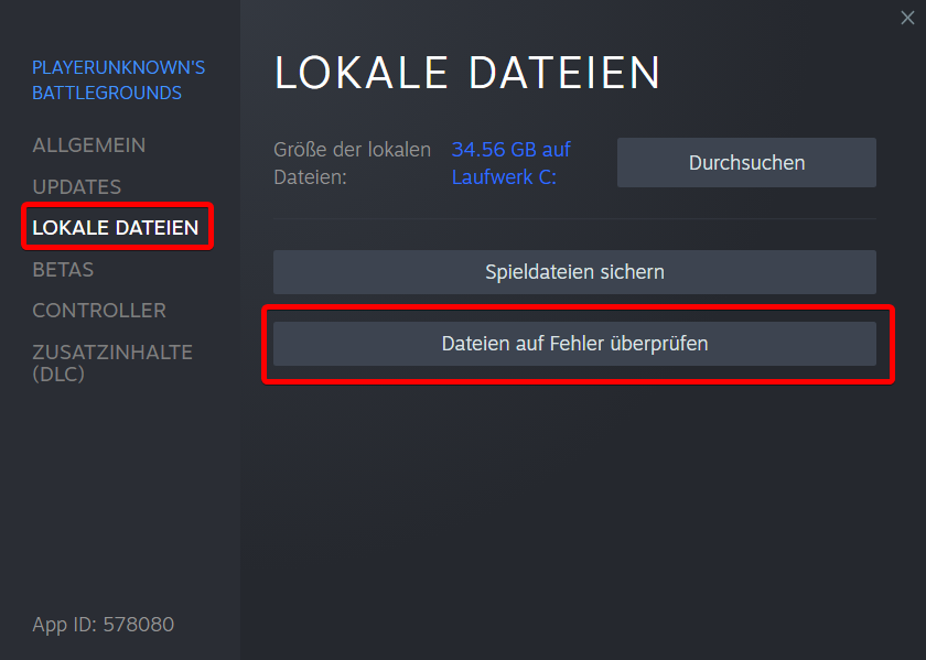 Wechseln Sie zum Tab Lokale Dateien.
Klicken Sie auf den Button Spieldateien auf Fehler überprüfen.