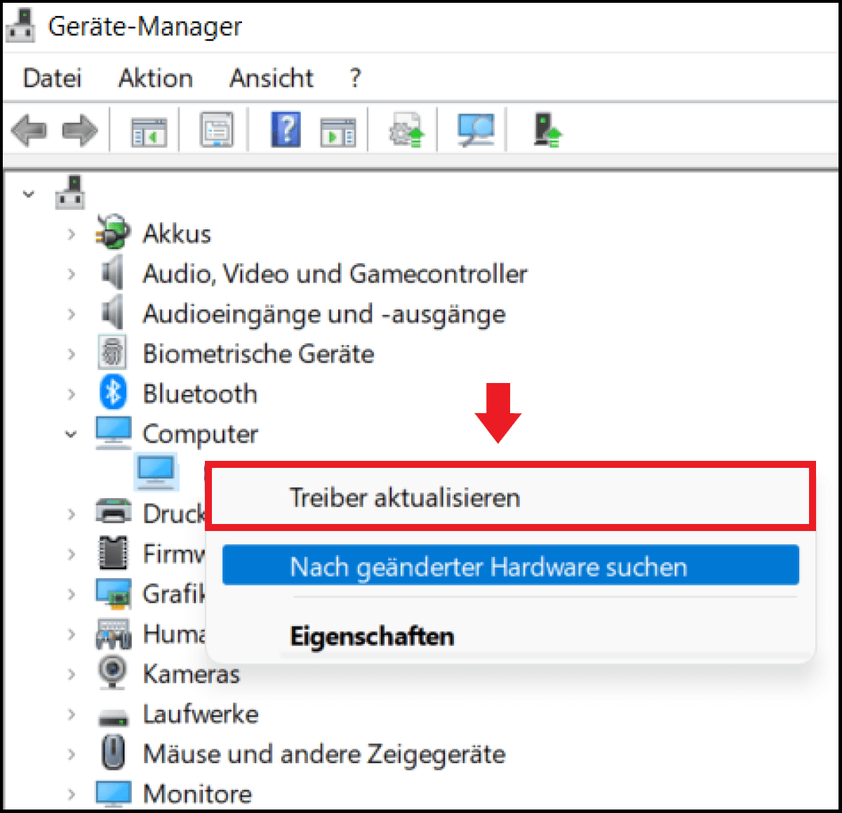 Wenn der Treiber veraltet ist, aktualisieren Sie ihn
Rechtsklicken Sie auf den Treiber und wählen Sie Treiber aktualisieren aus
